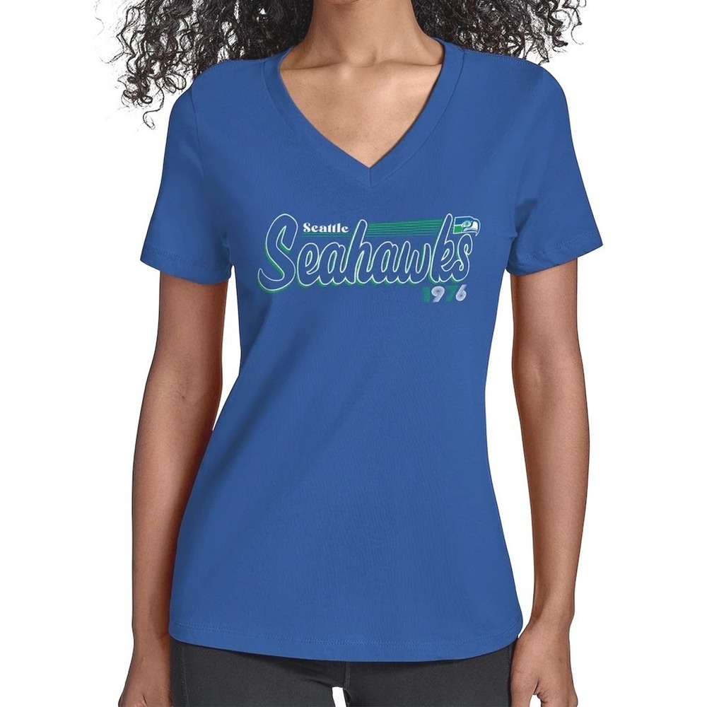 Starter Seattle Seahawks Women XL Blue V-Neck T-Shirt NFL Team Apparel 1976 NWT